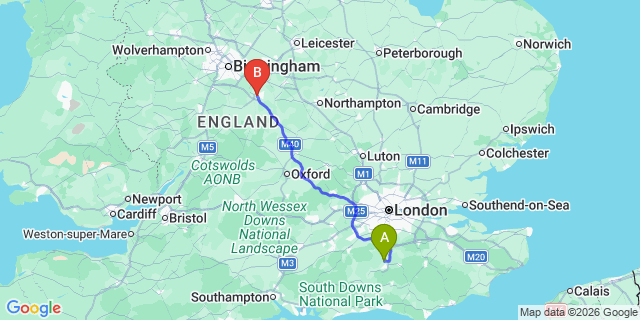 Map: London Gatwick Airport (LGW) to Warwick