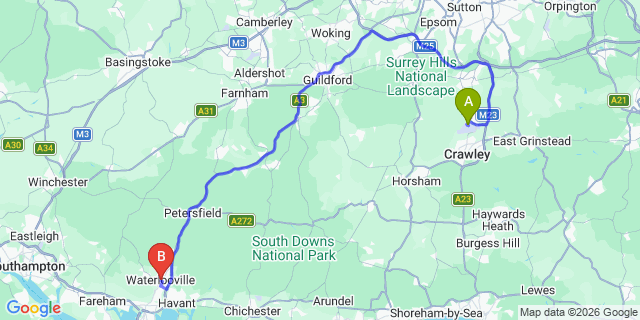 Map: London Gatwick Airport (LGW) to Waterlooville
