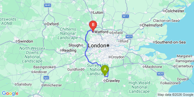 Map: London Gatwick Airport (LGW) to Watford