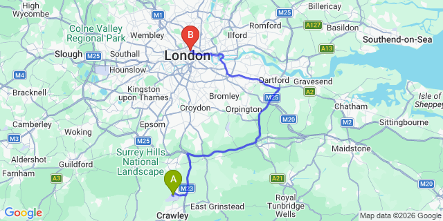 Map: London Gatwick Airport (LGW) to WC1,2 City of London