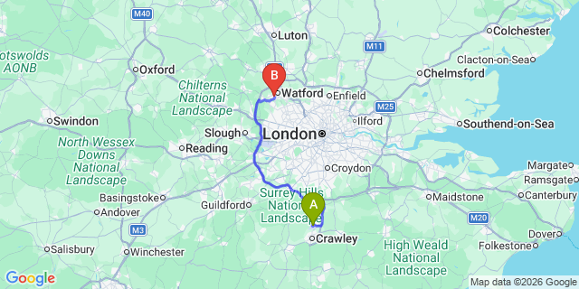 Map: London Gatwick Airport (LGW) to WD18 Watford