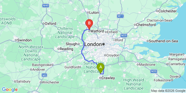 Map: London Gatwick Airport (LGW) to WD24 Watford