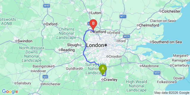 Map: London Gatwick Airport (LGW) to WD25 Watford