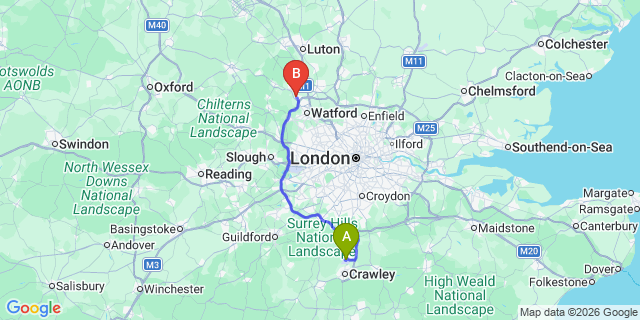 Map: London Gatwick Airport (LGW) to WD4 Kings Langley