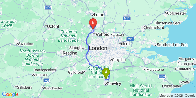 Map: London Gatwick Airport (LGW) to WD5 Abbots Langley