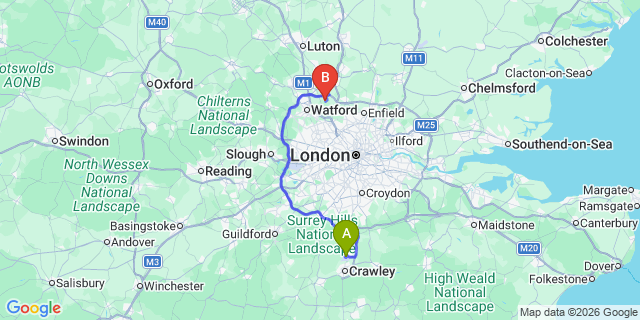Map: London Gatwick Airport (LGW) to WD7 Radlett