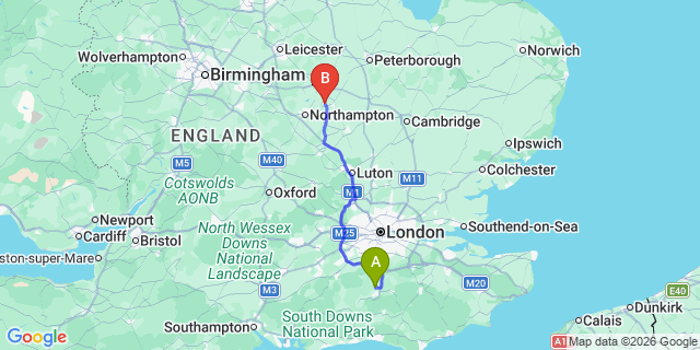 Map: London Gatwick Airport (LGW) to Wellingborough