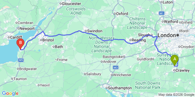 Map: London Gatwick Airport (LGW) to Weston-Super-Mare