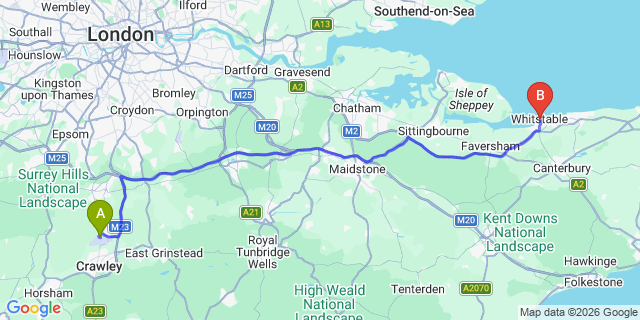 Map: London Gatwick Airport (LGW) to Whitstable