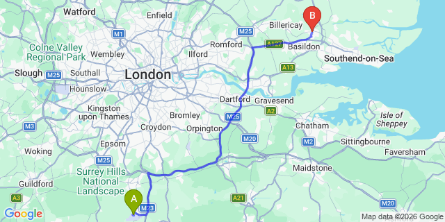 Map: London Gatwick Airport (LGW) to Wickford