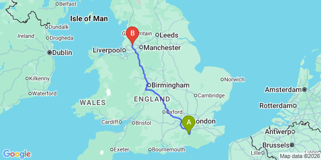 Map: London Gatwick Airport (LGW) to Wigan