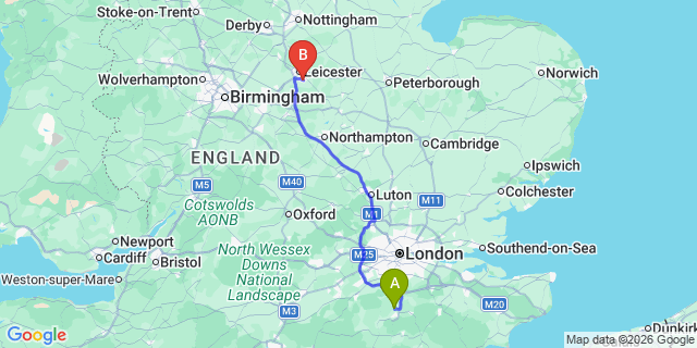 Map: London Gatwick Airport (LGW) to Wigston