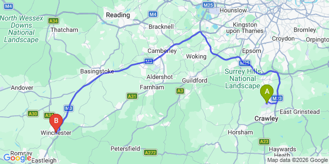 Map: London Gatwick Airport (LGW) to Winchester