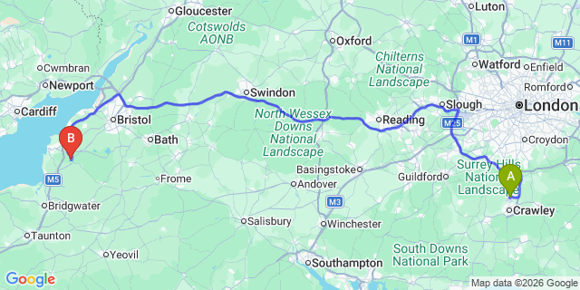 Map: London Gatwick Airport (LGW) to Winscombe