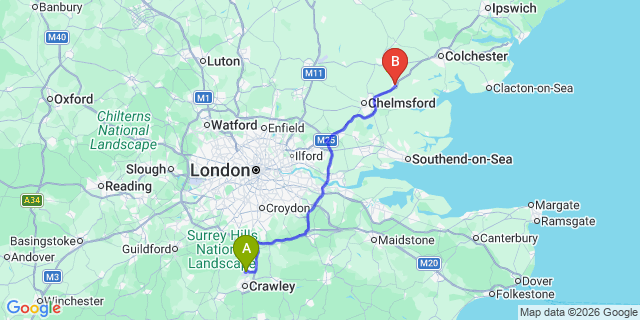 Map: London Gatwick Airport (LGW) to Witham