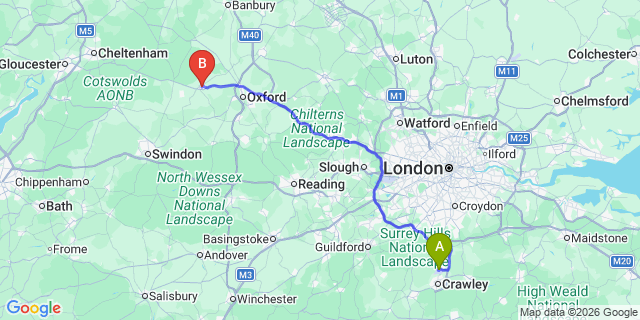 Map: London Gatwick Airport (LGW) to Witney