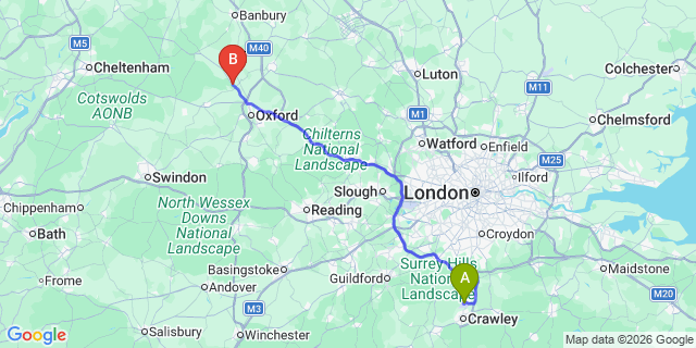 Map: London Gatwick Airport (LGW) to Woodstock