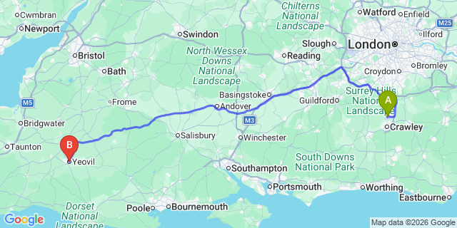 Map: London Gatwick Airport (LGW) to Yeovil