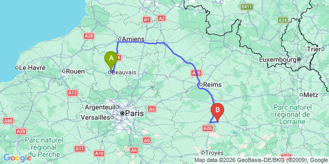 Map: Paris Beauvais Tille Airport (BVA)  to Brussels city (all areas)
