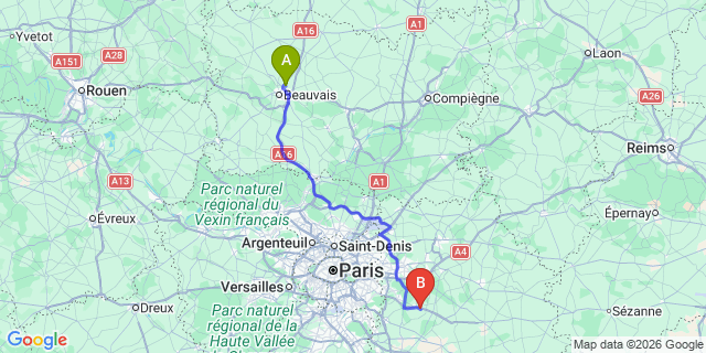 Map: Paris Beauvais Tille Airport (BVA)  to Disneyland