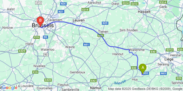 Map: Brussels Midi Train Station to Amay