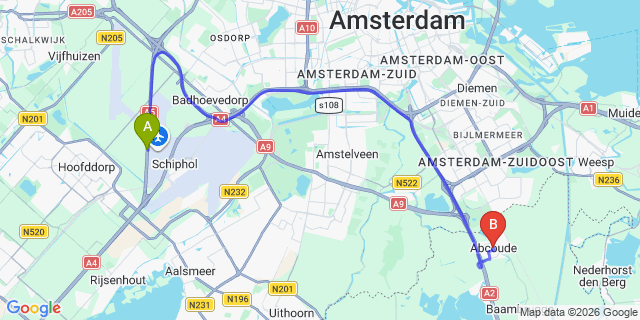 Map: Amsterdam Schiphol Airport (AMS) to Abcoude