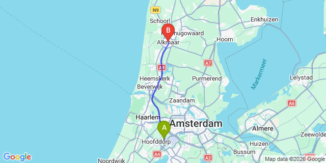 Map: Amsterdam Schiphol Airport (AMS) to Alkmaar