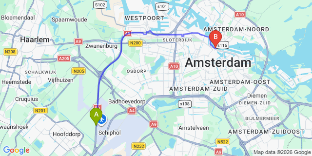 Map: Amsterdam Schiphol Airport (AMS) to Amsterdam Central Station