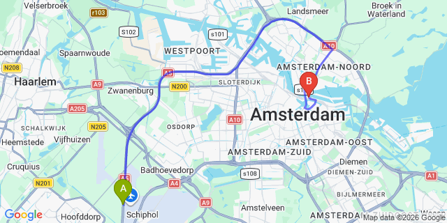 Map: Amsterdam Schiphol Airport (AMS) to Amsterdam Port