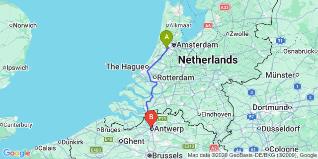 Map: Amsterdam Schiphol Airport (AMS) to Antwerp Cruise Port