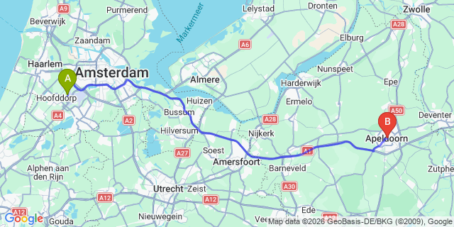 Map: Amsterdam Schiphol Airport (AMS) to Apeldoorn