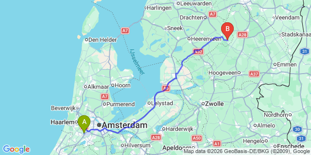 Map: Amsterdam Schiphol Airport (AMS) to Appelscha