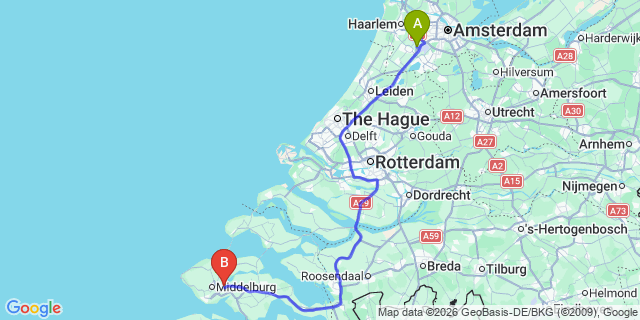 Map: Amsterdam Schiphol Airport (AMS) to Arnemuiden