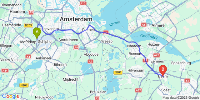 Map: Amsterdam Schiphol Airport (AMS) to Baarn