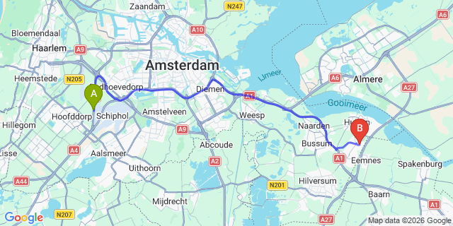 Map: Amsterdam Schiphol Airport (AMS) to Blaricum