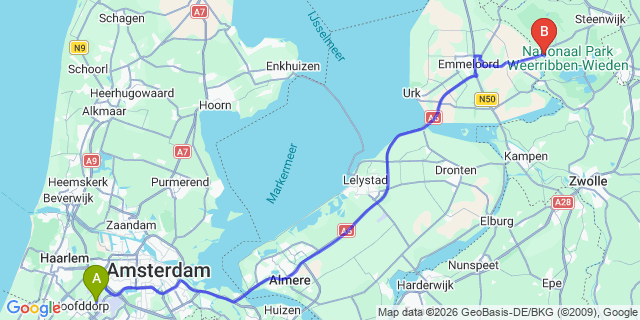 Map: Amsterdam Schiphol Airport (AMS) to Blokzijl
