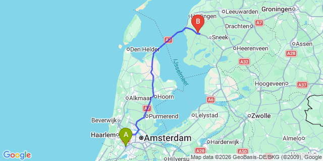 Map: Amsterdam Schiphol Airport (AMS) to Bolsward