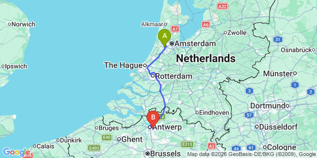 Map: Amsterdam Schiphol Airport (AMS) to Borsbeek