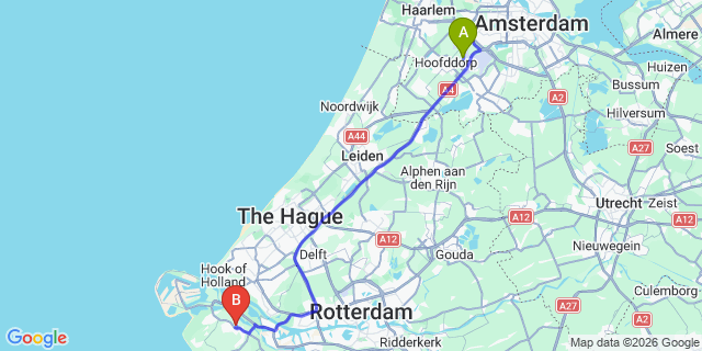 Map: Amsterdam Schiphol Airport (AMS) to Brielle