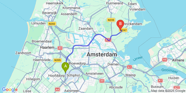 Map: Amsterdam Schiphol Airport (AMS) to Broek in Waterland