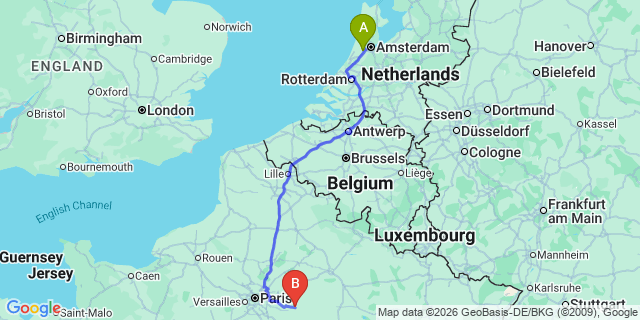 Map: Amsterdam Schiphol Airport (AMS) to Bruges