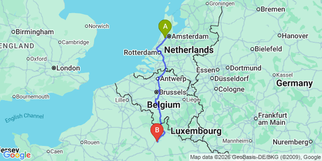 Map: Amsterdam Schiphol Airport (AMS) to Brussels city (all areas)
