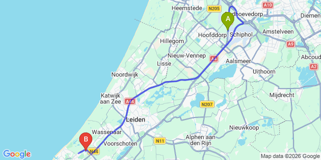 Map: Amsterdam Schiphol Airport (AMS) to Camping Wassenaar