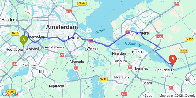 Map: Amsterdam Schiphol Airport (AMS) to Center Parcs De Eemhof