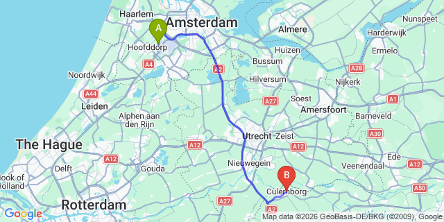 Map: Amsterdam Schiphol Airport (AMS) to Culemborg