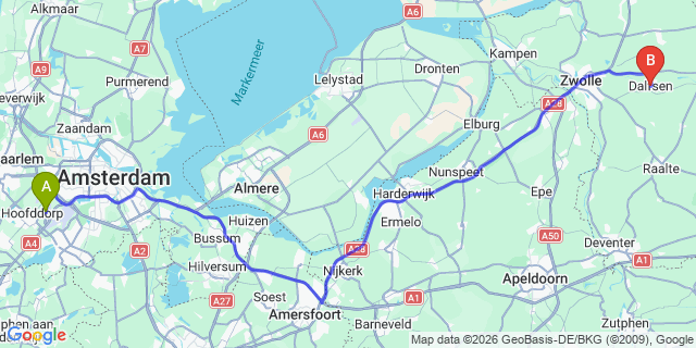 Map: Amsterdam Schiphol Airport (AMS) to Dalfsen