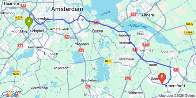 Map: Amsterdam Schiphol Airport (AMS) to De Birkt