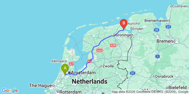 Map: Amsterdam Schiphol Airport (AMS) to Delfzijl