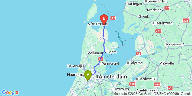 Map: Amsterdam Schiphol Airport (AMS) to Den Oever