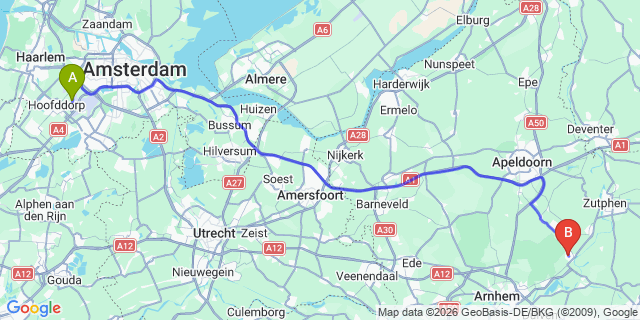 Map: Amsterdam Schiphol Airport (AMS) to Dieren